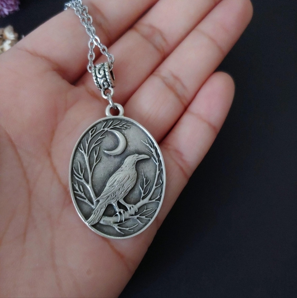 Silver Raven and Moon Pendant Necklace - Picture 3 of 7